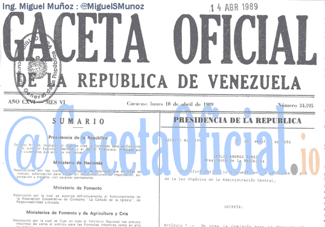 Gaceta Oficial 34195 del 10 Abril 1989
