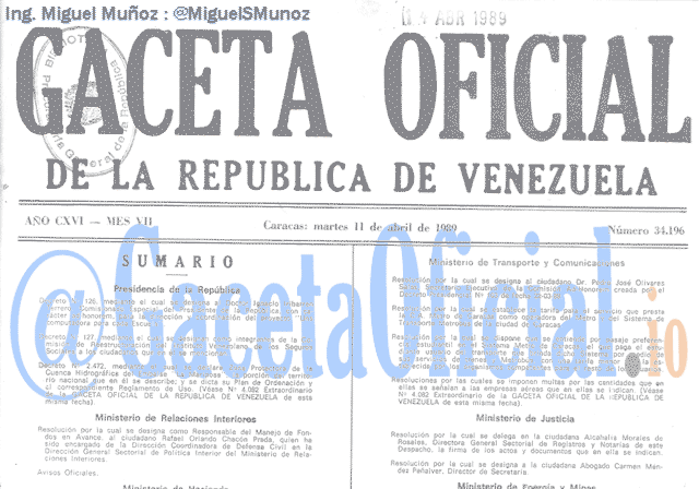 Gaceta Oficial 34196 del 11 Abril 1989
