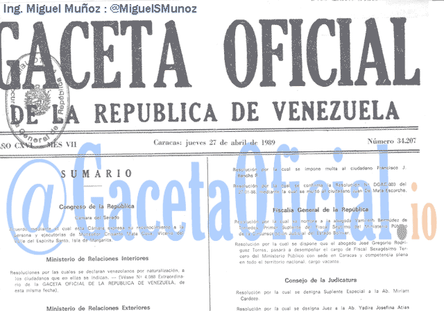 Gaceta Oficial 34207 del 27 Abril 1989