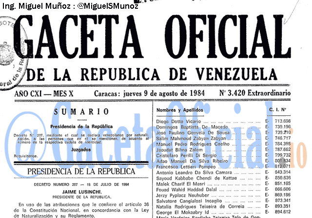 Gaceta Oficial 3420 del 9 Agosto 1984