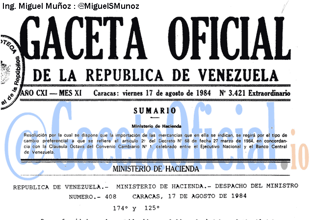 Gaceta Oficial 3421 del 17 Agosto 1984
