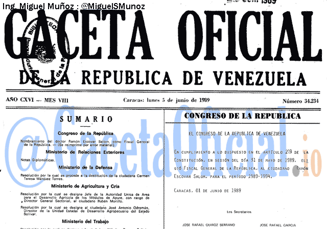 Gaceta Oficial 34234 del 5 Junio 1989