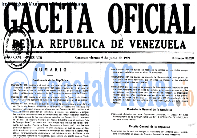 Gaceta Oficial 34238 del 9 Junio 1989