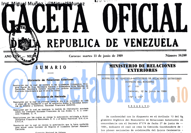 Gaceta Oficial 34240 del 13 Junio 1989