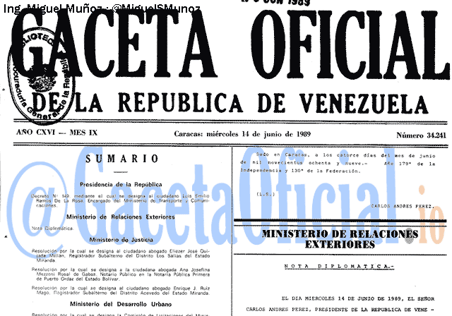 Gaceta Oficial 34241 del 14 Junio 1989