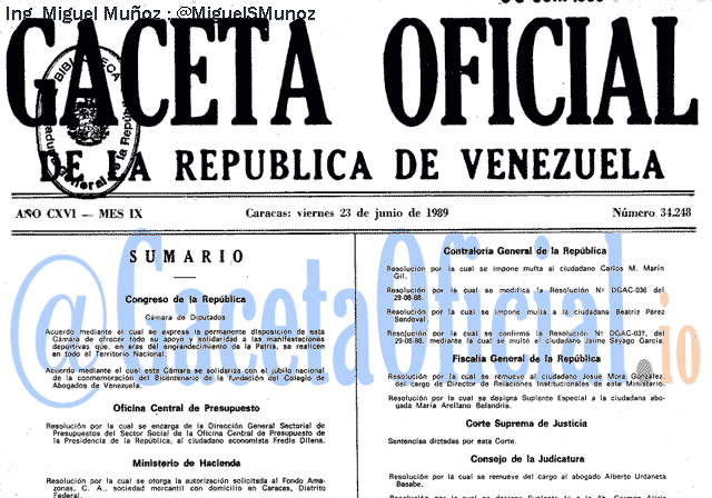 Gaceta Oficial 34248 del 23 Junio 1989