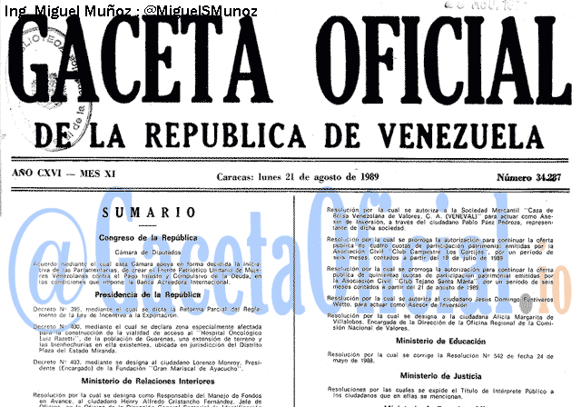 Gaceta Oficial 34287 del 21 Agosto 1989