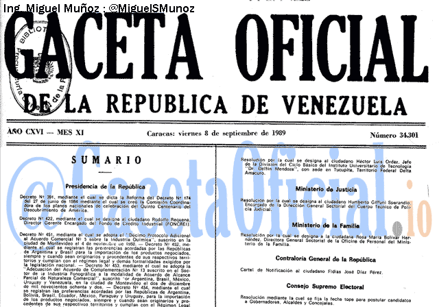 Gaceta Oficial 34301 del 8 Septiembre 1989