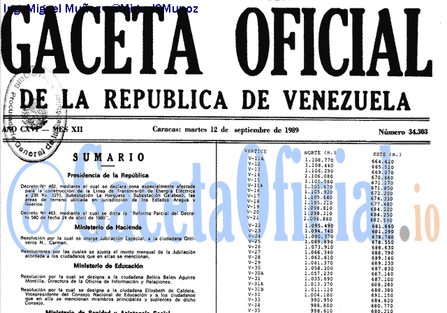 Gaceta Oficial 34303 del 12 Septiembre 1989