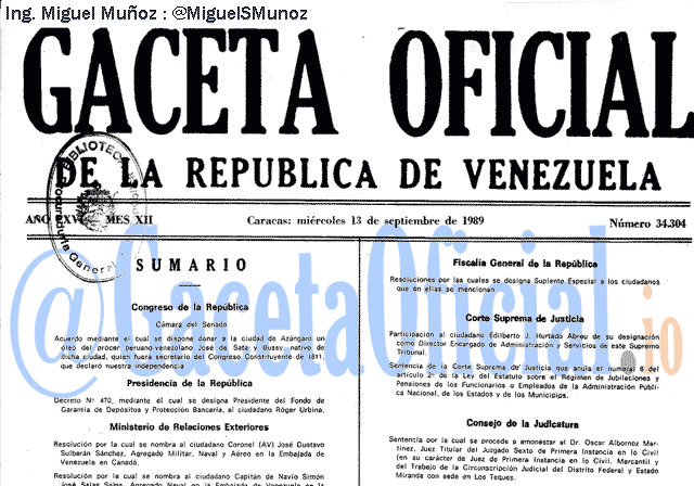 Gaceta Oficial 34304 del 13 Septiembre 1989