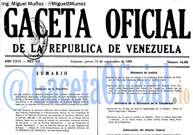 Gaceta Oficial 34305 del 14 Septiembre 1989