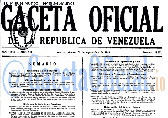 Gaceta Oficial 34311 del 22 Septiembre 1989