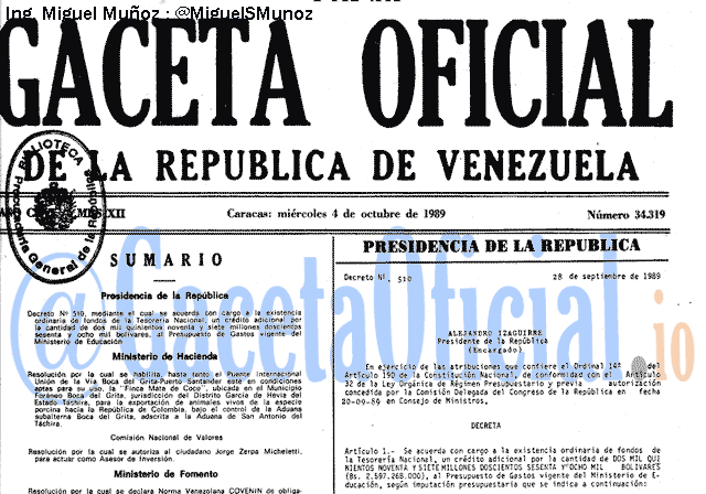 Gaceta Oficial 34319 del 4 Octubre 1989