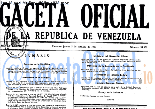 Gaceta Oficial 34320 del 5 Octubre 1989