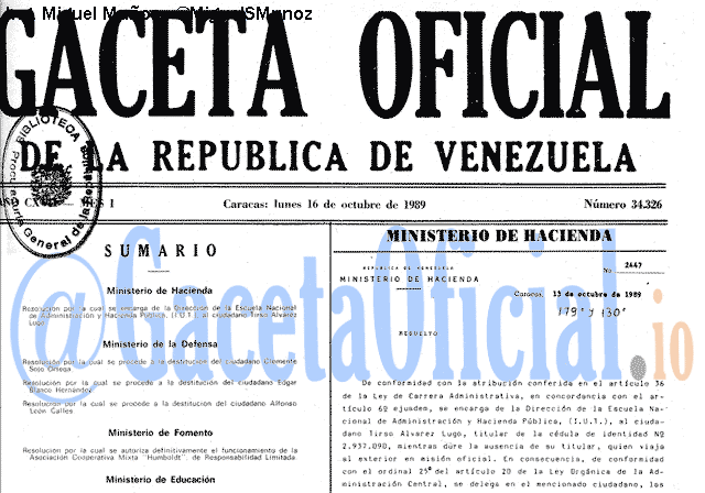 Gaceta Oficial 34326 del 16 Octubre 1989