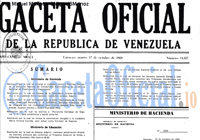 Gaceta Oficial 34327 del 17 Octubre 1989