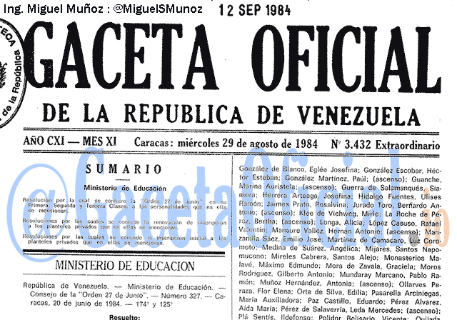 Gaceta Oficial 3432 del 29 Agosto 1984