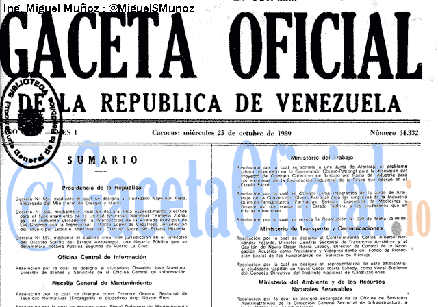Gaceta Oficial 34332 del 25 Octubre 1989