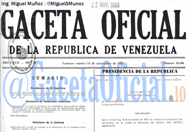 Gaceta Oficial 34346 del 14 Noviembre 1989