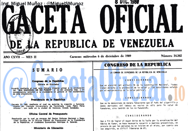 Gaceta Oficial 34362 del 6 Diciembre 1989