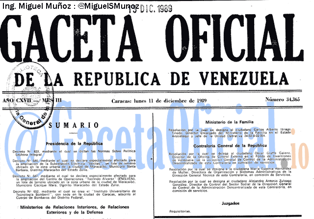 Gaceta Oficial 34365 del 11 Diciembre 1989