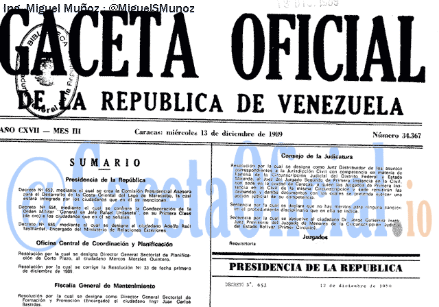Gaceta Oficial 34367 del 13 Diciembre 1989