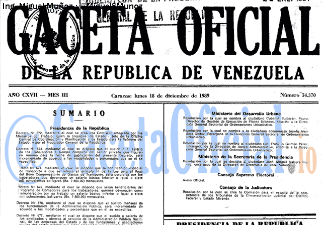 Gaceta Oficial 34370 del 18 Diciembre 1989