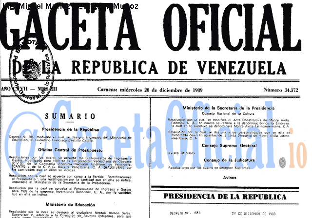 Gaceta Oficial 34372 del 20 Diciembre 1989