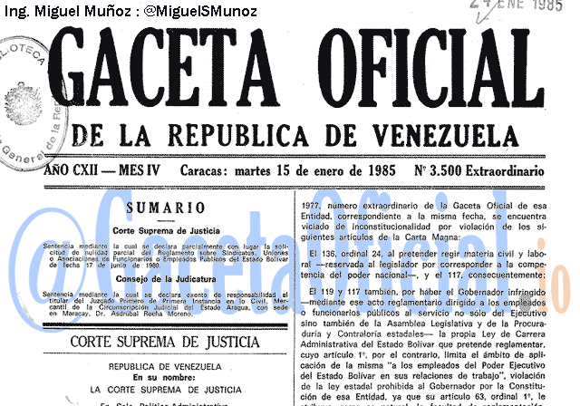 Gaceta Oficial 3500 del 15 Enero 1985