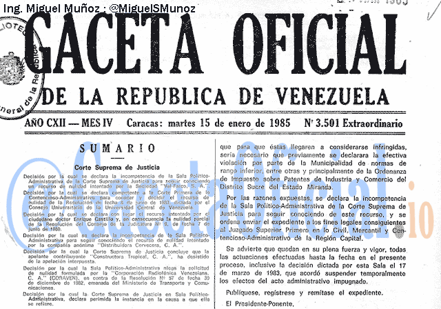 Gaceta Oficial 3501 del 15 Enero 1985