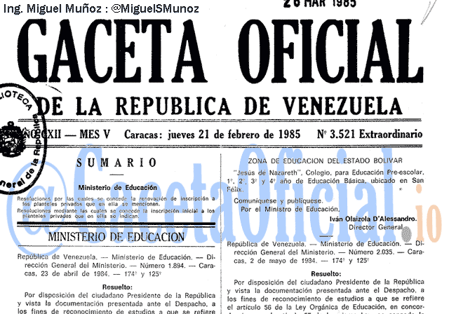 Gaceta Oficial 3521 del 21 Febrero 1985