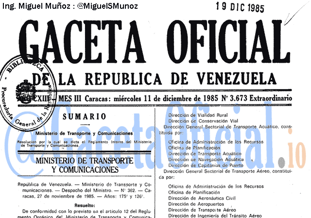 Gaceta Oficial 3673 del 11 Diciembre 1985