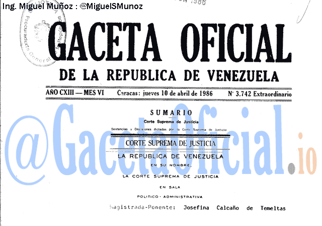 Gaceta Oficial 3742 del 10 Abril 1986