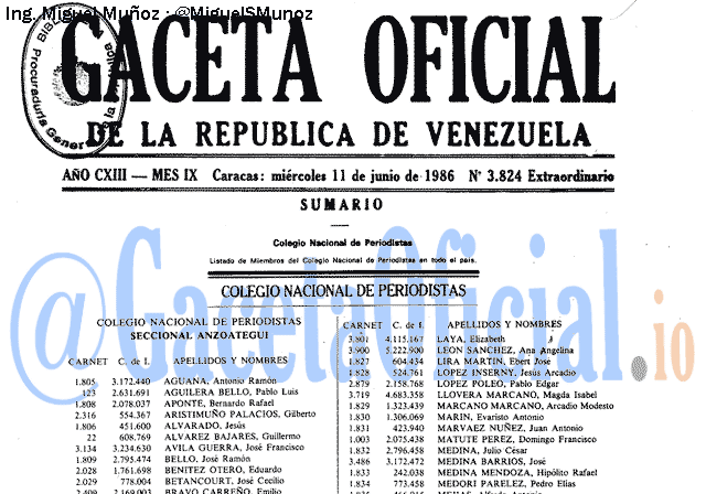Gaceta Oficial 3824 del 11 Junio 1986