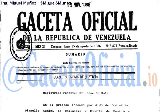 Gaceta Oficial 3871 del 25 Agosto 1986
