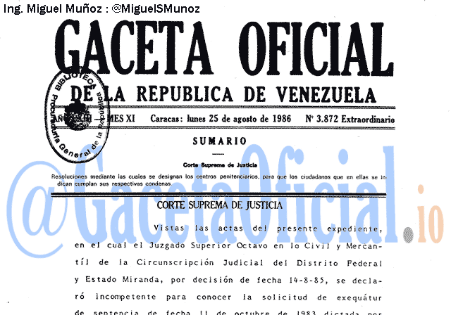 Gaceta Oficial 3872 del 25 Agosto 1986