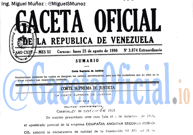 Gaceta Oficial 3874 del 25 Agosto 1986
