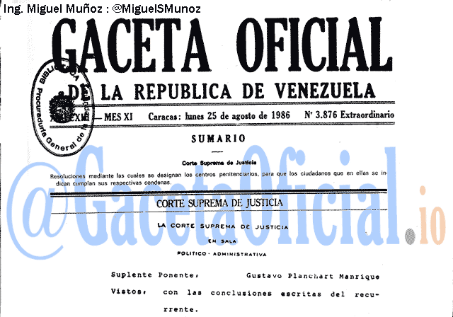 Gaceta Oficial 3876 del 25 Agosto 1986