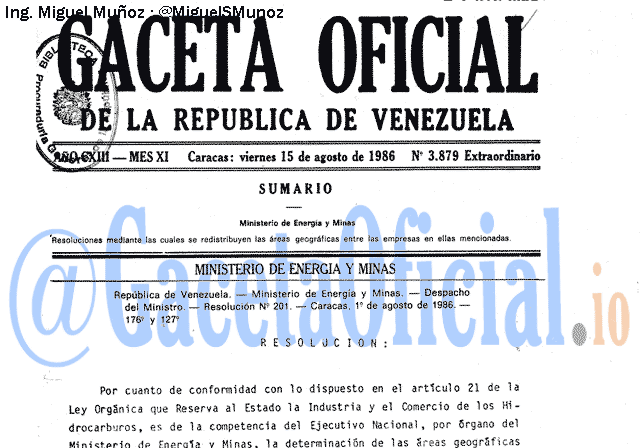 Gaceta Oficial 3879 del 15 Agosto 1986