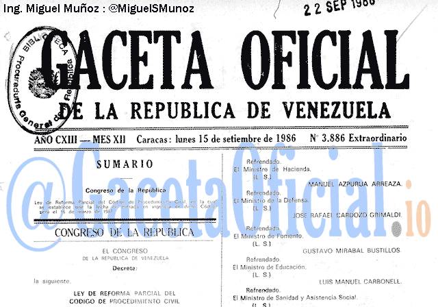 Gaceta Oficial 3886 del 15 Septiembre 1986