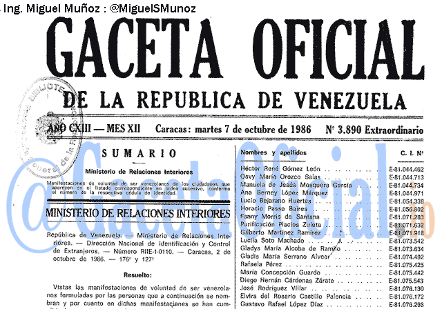 Gaceta Oficial 3890 del 7 Octubre 1986