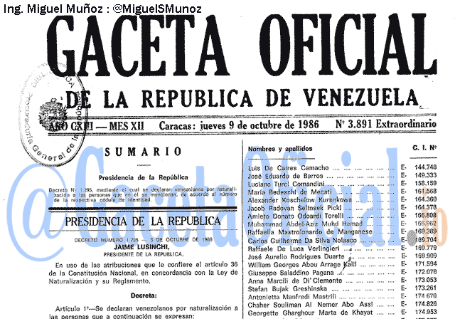 Gaceta Oficial 3891 del 9 Octubre 1986