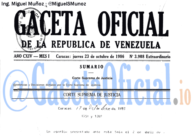 Gaceta Oficial 3908 del 23 Octubre 1986