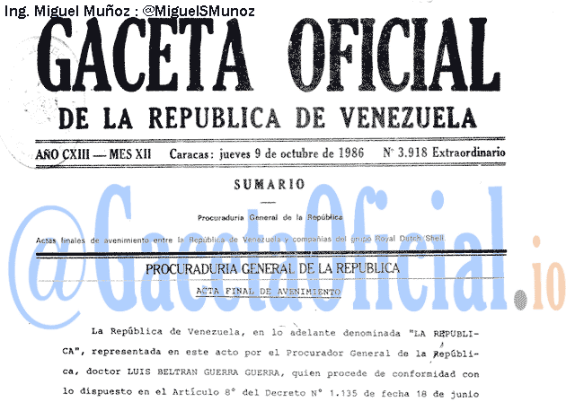 Gaceta Oficial 3918 del 9 Octubre 1986