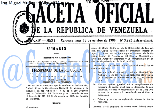 Gaceta Oficial 3922 del 13 Octubre 1986
