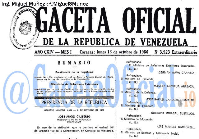 Gaceta Oficial 3923 del 13 Octubre 1986