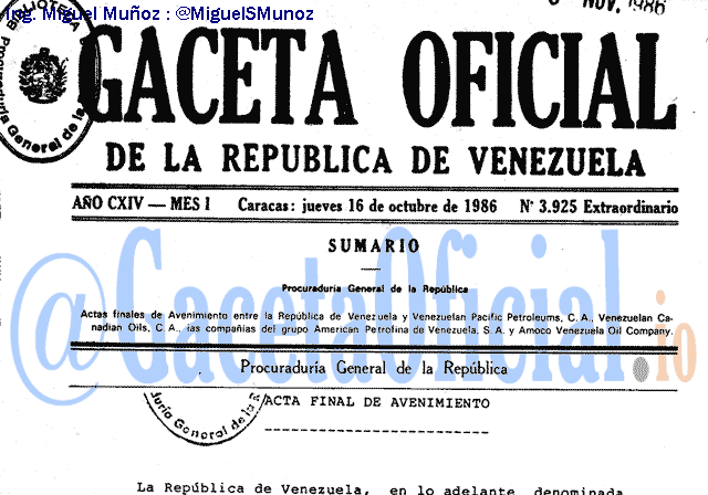Gaceta Oficial 3925 del 16 Octubre 1986