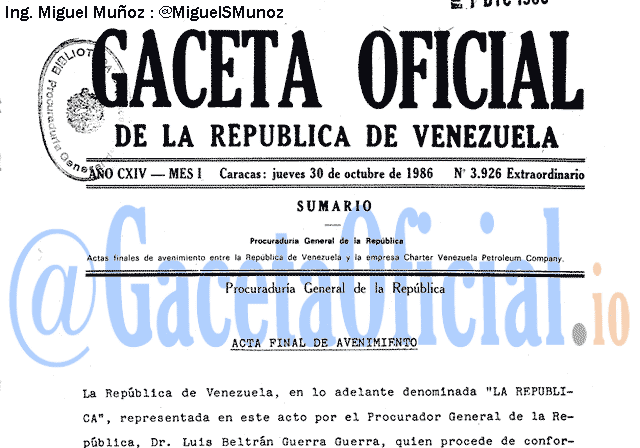 Gaceta Oficial 3926 del 30 Octubre 1986