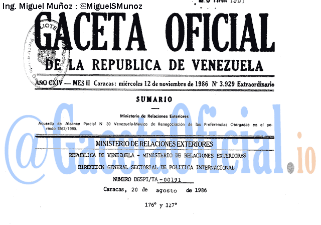 Gaceta Oficial 3929 del 12 Noviembre 1986