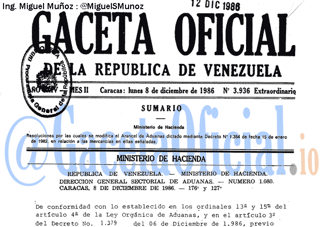 Gaceta Oficial 3936 del 8 Diciembre 1986